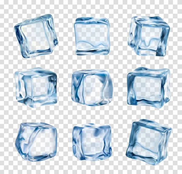 现实的水晶冰块隔离在透明的背景下 3D矢量蓝色玻璃杯冰片 用于饮料冷却 清洁正方形冰冻水块 用于酒精或鸡尾酒饮料 — 图库矢量图片
