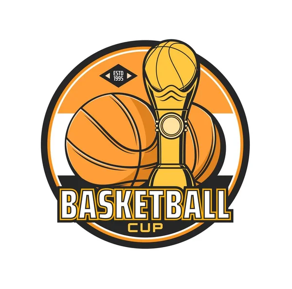 Basketball cup icon with ball and sport prize. Sport competition, basketball teams cup or championship matches vector retro emblem, label or sticker with winners prize cup and basketball balls