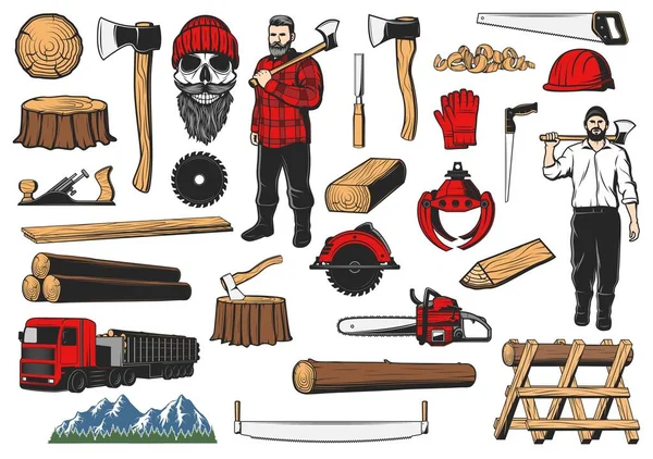 Woodworking Logging Forestry Industry Tools Vector Lumberjack Skull Carpenter Circular — Stock Vector