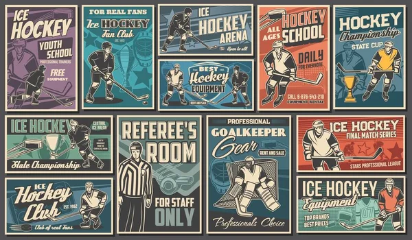 Hockeyspieler Basteln Poster Und Banner Eishockeymeisterschaft Trainingsschule Oder Sportartikelgeschäft Retro — Stockvektor