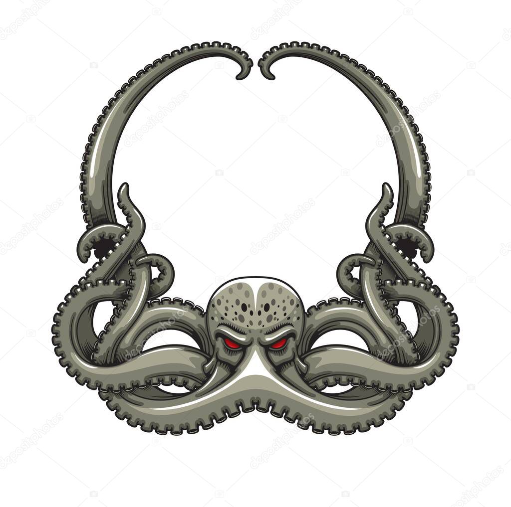 Cartoon danger octopus with tentacles, vector decorative frame. Kraken squid or sea monster and ocean giant octopus with red eyes, rocker or punk tattoo design, aquatic cuttlefish