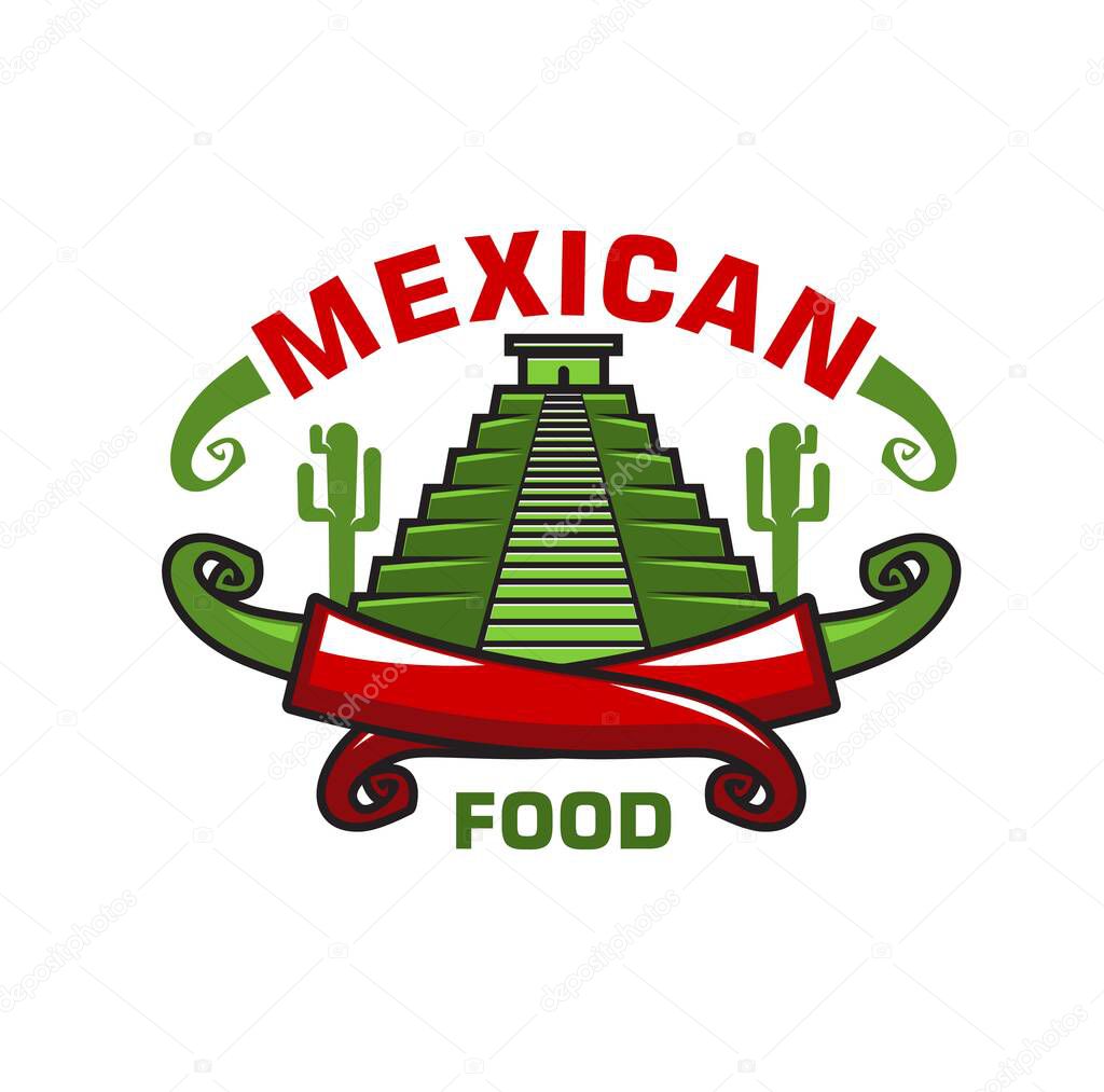 Mexican cuisine food icon with Aztecs or Maya ancient pyramid, cactus plant and crossed hot chili peppers. Mexican restaurant vector emblem or icon with Mesoamerican culture symbols
