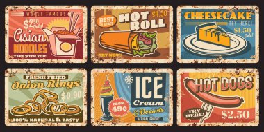 Fast food metal tabakları paslı, sandviçler, sosisli sandviçler ve abur cubur menü vektör retro posterleri. Fast food bistro ve restoran Asya erişteleri, soğan halkaları ve dondurma tatlısı, kafeterya metal levhaları pas tabelaları.