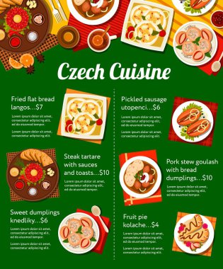 Çek mutfağı menüsü. Tatlı köfteler, kızarmış Lango 'lar ve turşulu sosis Utopenci, meyveli Kolache turtası, ekmek köfteli gulaş ve soslu biftek ve tost.