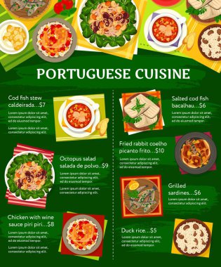 Portekiz mutfağı yemek menüsü. Caldeirada güveci, morina balığı salatası ve ahtapot salatası, Piri Piri soslu tavuk, kızarmış tavşan ve sardalya, ördek pilavı vektörü. Portekiz yemek posteri