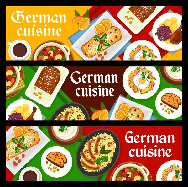 German Restaurant Meals Banners Christmas Stollen White Sausages Weisswurst Fried — Stock Vector