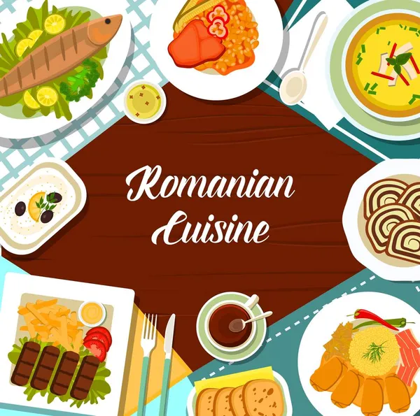 Rumänische Küche Mahlzeiten Menü Decken Walnussbrötchen Cozonac Gegrillte Forelle Pastrav — Stockvektor