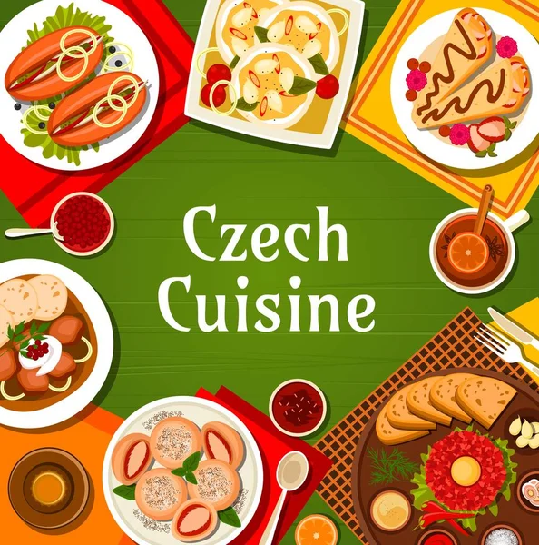 Czech Cuisine Menu Cover Steak Tartare Sauces Toasts Pork Stew — Stock Vector