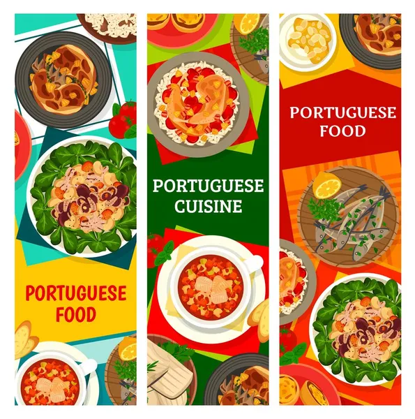 Refeições Culinárias Portuguesas Banners Restaurantes Salada Polvo Tortas Creme Sardinhas —  Vetores de Stock