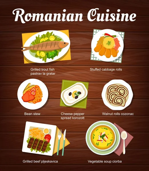 Ρουμανικό Μενού Κουζίνας Ψάρια Πέστροφας Ψητά Pastrav Gratar Ρολά Λάχανου — Διανυσματικό Αρχείο