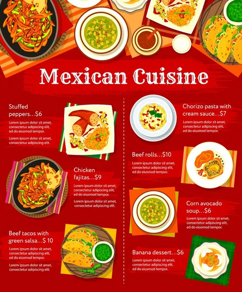 Mexikanische Küche Speisekarte Mit Vektorgemüse Und Fleischgerichten Tacos Mit Gewürz — Stockvektor