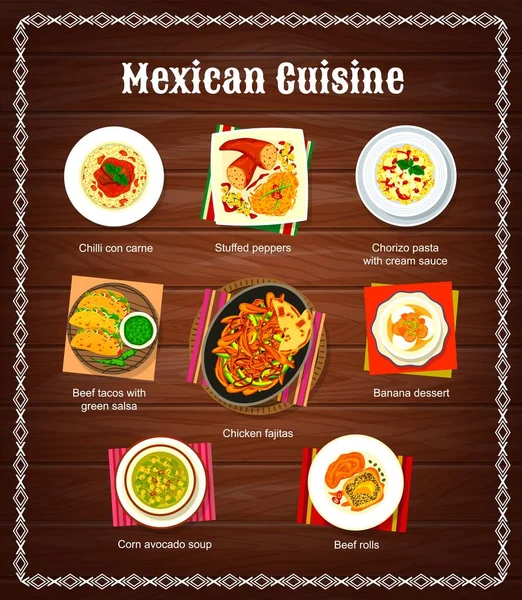 Menú Vectorial Cocina Mexicana Con Platos Especias Vegetales Carne Postre — Vector de stock