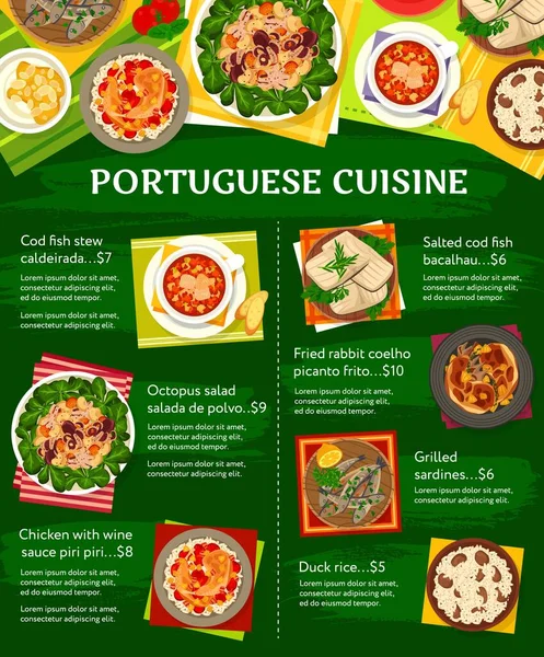 Portekiz Mutfağı Yemek Menüsü Caldeirada Güveci Morina Balığı Salatası Ahtapot — Stok Vektör