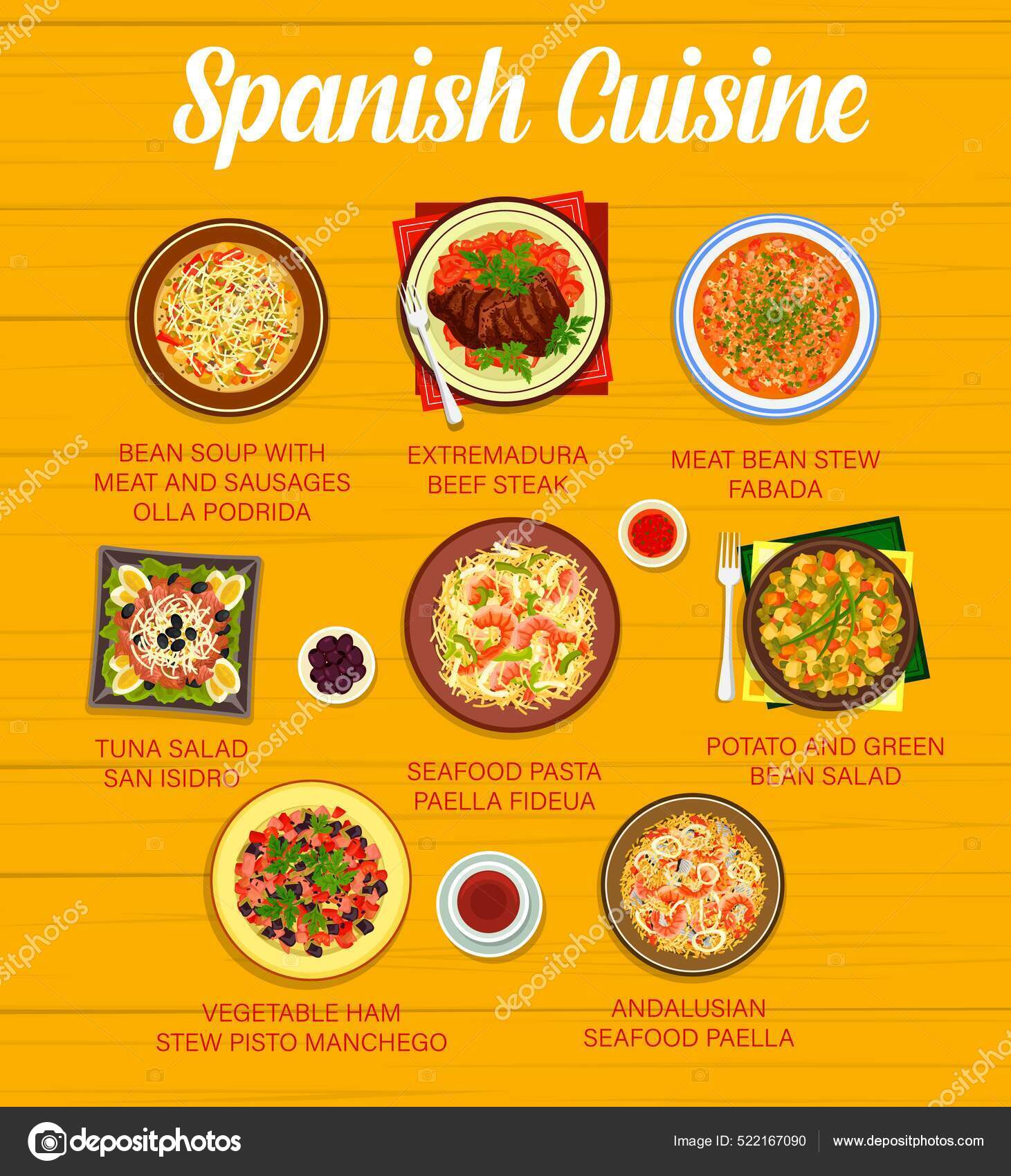 Spansk Kjøkken Vektor Meny Med Restaurantretter Sjømat Ris Paella  Grønnsakfisk stockvektor © VectorTradition #522167090, image size:1461x1700