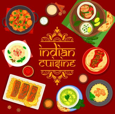 Hint mutfağı menü kapağı vektör çerçeveli pirinç, balık körisi, sebze ve et pilavı. Domates soslu yassı ekmek, ıspanak palamudu paneer ve tandır balığı, dondurma, bombay patatesi.