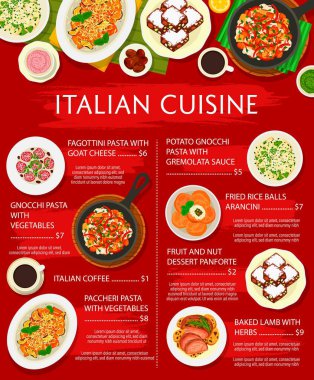 İtalyan mutfağının yemek, makarna, et ve sebze tabakları ile tatlı ve kekin menü tasarımı. Gremolata soslu Gnocchi, fırında kuzu ve pirinç arancini, peynirli fagottini ve panforte kek.