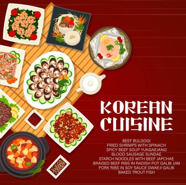 Kore mutfağı vektörü kuşbaşı ve sığır eti bulgogi, soya soslu domuz pirzolası dwaeji galbi veya kanlı sosisli sundae. Turp kabuğunda haşlanmış sığır pirzolası, baharatlı sığır çorbası Yukgaejang Kore yemekleri.
