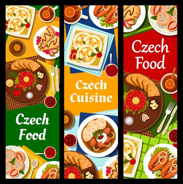 Czech Cuisine Banners Steak Tartare Sauces Toasts Fruit Pie Kolache — Stock Vector