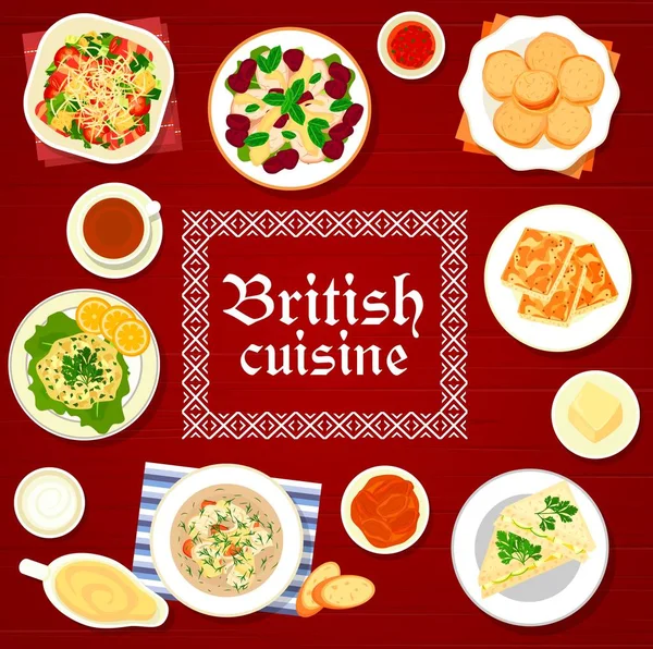 Cobertura Menu Cozinha Britânica Pate Truta Defumada Salada Cereja Frango —  Vetores de Stock