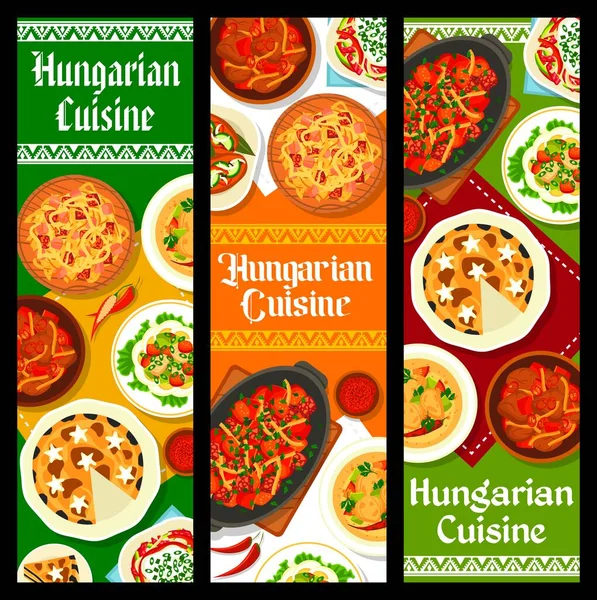 Hungarian Cuisine Banners Chicken Paprikash Beef Goulash Pickled Sausages Sauerkraut — Stock Vector