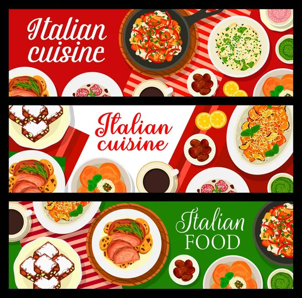 Italiaanse Keuken Voedsel Vector Banners Met Pasta Groenten Gebakken Vlees — Stockvector