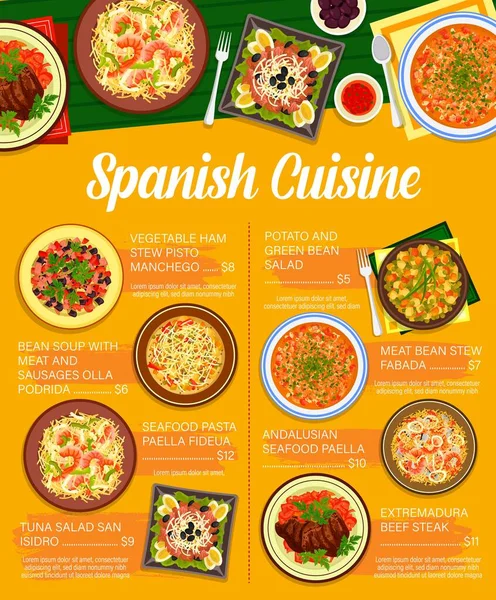 Spanische Küche Restaurant Vektormenü Aus Fleisch Und Gemüse Reis Und — Stockvektor