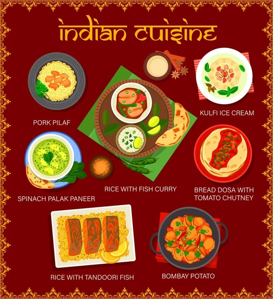Indyjskie Menu Restauracji Wektorowe Dania Ryżu Warzyw Mięsa Curry Ryb — Wektor stockowy