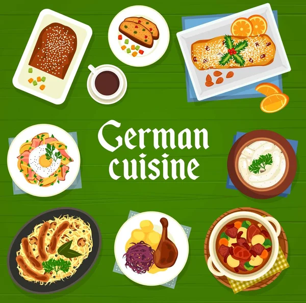 German Cuisine Menu Cover Design Template Sausages Weisswurst Fried Cheese — Stock Vector