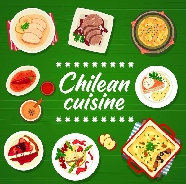 Şili Mutfağının Menü Örtüsü Şili Restoranının Yemek Yemekleri Vektör Posteri — Stok Vektör
