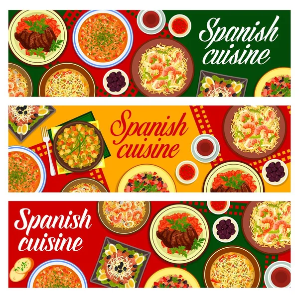 Bandeiras Culinária Espanhola Frutos Mar Paella Com Arroz Massas Legumes —  Vetores de Stock