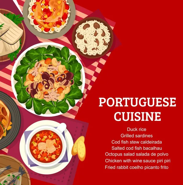 Πορτογαλική Κουζίνα Εστιατόριο Θαλασσινά Κρέας Γεύματα Μενού Καλύψει Fried Κουνέλι — Διανυσματικό Αρχείο