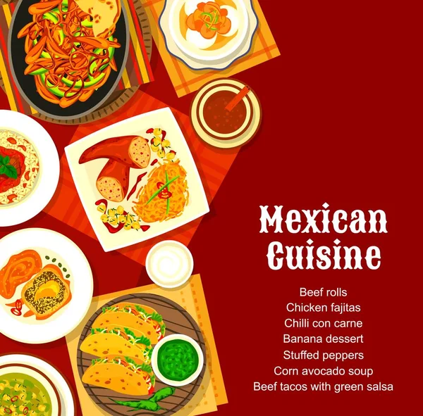 Mexikói Konyha Étlap Borító Vektor Fűszer Élelmiszer Növényi Húsételek Taco — Stock Vector