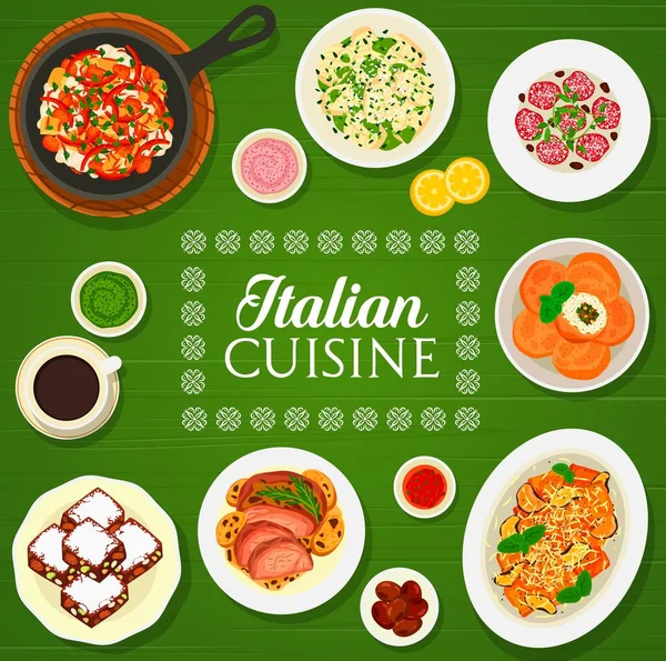 Italian Cuisine Vector Menu Cover Pasta Meat Vegetable Dishes Frame — Stock Vector