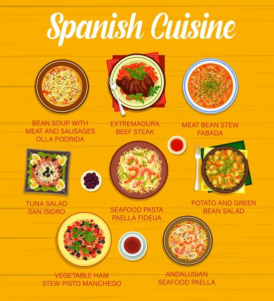 Ισπανική Κουζίνα Vector Menu Πιάτα Εστιατόριο Θαλασσινών Ρυζιού Paella Σαλάτα — Διανυσματικό Αρχείο