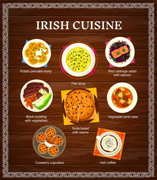 Irish Cuisine Vector Menu Pancake Boxty Πατάτας Ψαρόσουπα Και Ψωμί — Διανυσματικό Αρχείο