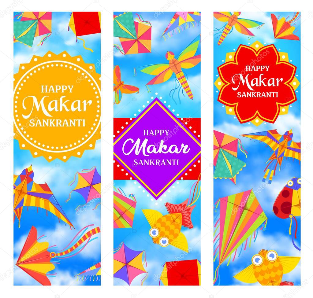 Indian Makar Sankranti holiday vector banners with cartoon kites in blue sky. Hindu religion holiday or festival colorful paper wind toys in shape of bird, dragonfly and butterfly flying in cloudy sky