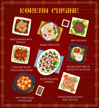 Kore mutfağı vektör menüsü, ıspanaklı kızarmış karides, fırında balık ve sığır eti bulgogi. Soya soslu domuz pirzolası dwaeji galbi, kanlı sosisli sundae, turp kabında pişirilmiş sığır pirzolası galbi jim Korea yemeği.