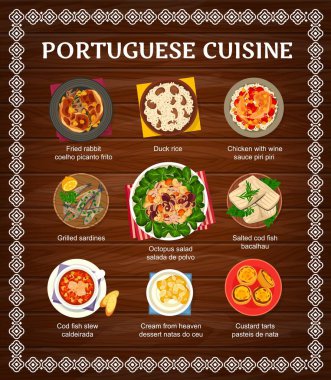 Portekiz yemekleri ve yemek menüsü. Kremalı tart, cennetten gelen krema ve ördek pilavı, ızgara sardalya, Piri soslu tavuk ve kızarmış tavşan, tuzlanmış morina balığı, balık güveci ve ahtapot salatası vektörü.