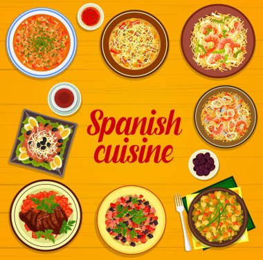 İspanyol mutfağı menü vektör kapağı deniz ürünleri, sebze ve et yemekleri çerçevesiyle. Pirinç ve makarna paella, biftek, patates ve ton balığı salatası, sosis çorbası ve vejetaryen jambon yahnisi.