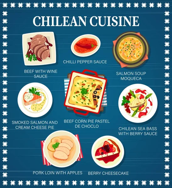 Şili Mutfağı Yemek Menüsü Şili Restoranı Yemekleri Yemek Vektör Posteri — Stok Vektör