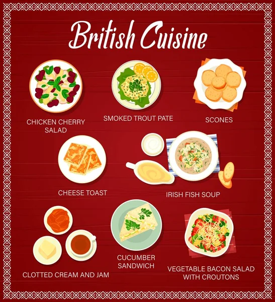 Brit Konyha Menü Csirke Cseresznye Saláta Füstölt Pisztráng Pástétom Pogácsa — Stock Vector