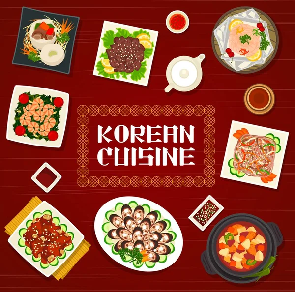 Koreanische Küche Vektor Gebratene Garnelen Mit Spinat Gebackenen Forellen Und — Stockvektor