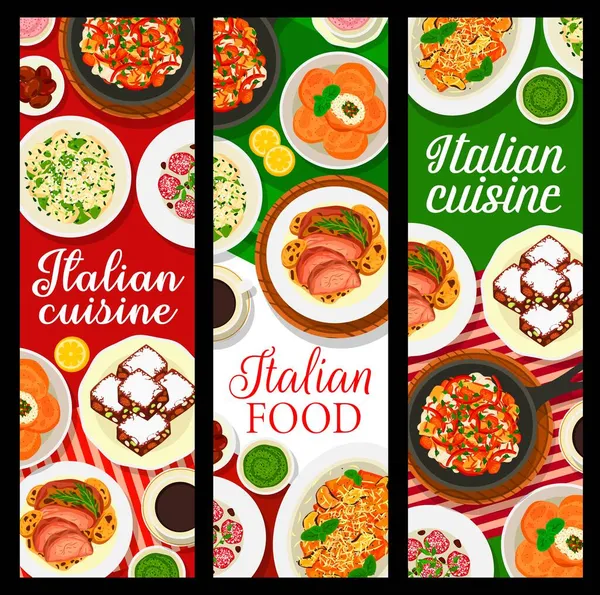 Banderas Vectoriales Cocina Italiana Platos Pasta Restaurante Con Comida Carne — Vector de stock