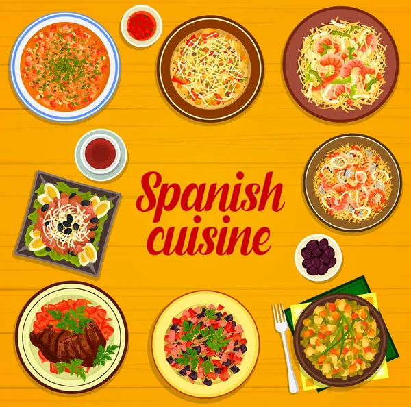 Menu Cuisine Espagnole Couverture Vectorielle Avec Cadre Fruits Mer Légumes — Image vectorielle