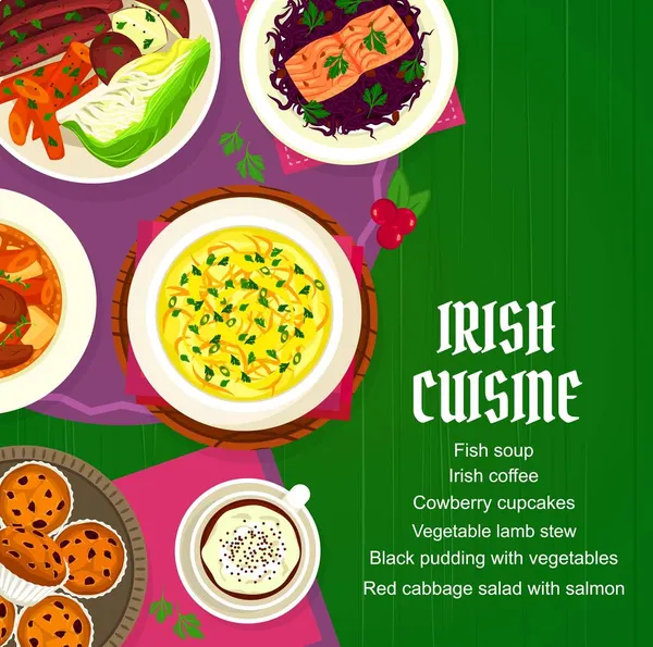 Irish Cuisine Vector Menu Cover Meals Fish Soup Coffee Cowberry — Stock Vector