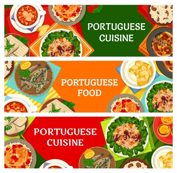 Platos Cocina Portuguesa Pancartas Menú Restaurante Caldeirada Guiso Pescado Bacalhau — Archivo Imágenes Vectoriales
