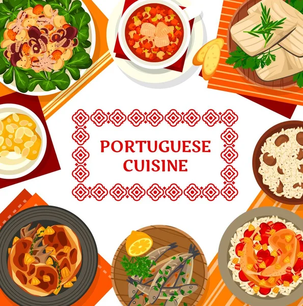 Πορτογαλική Κουζίνα Θαλασσινά Γεύματα Πιάτα Κρέας Βραστό Μπακαλιάρο Bacalhau Bras — Διανυσματικό Αρχείο