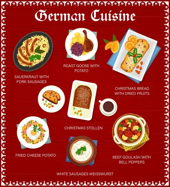 Německá Kuchyně Menu Šablona Stránky Pečená Husa Bramborem Zelí Uzeninami — Stockový vektor