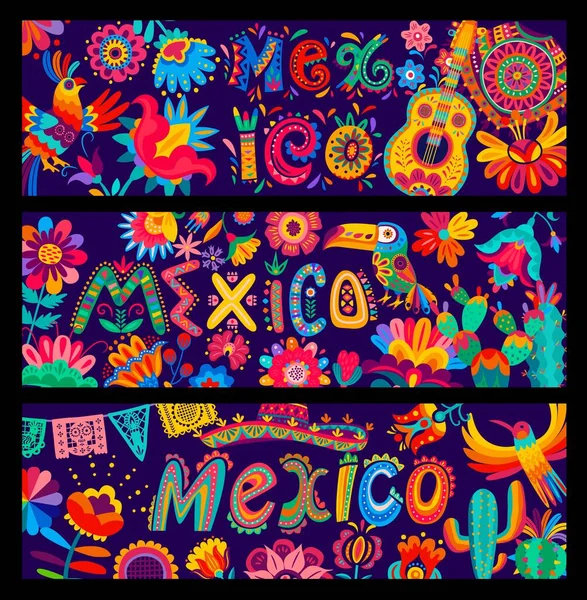 Mexikanska Banderoller Tecknad Sombrero Gitarrer Papegoja Och Tukan Blommor Och — Stock vektor