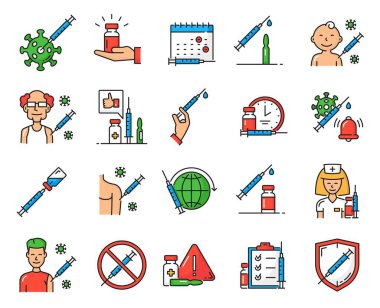 Virüs aşısı ve aşı renk çizgisi simgeleri ayarlandı. Coronavirus aşısı, insanlar taşıyıcı ikonları şırınga, ilaç şişesi ve hemşireyle aşılıyor, mutlu bebek, genç ve yaşlı adam aşı oluyor.